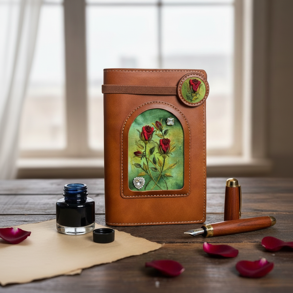 Embroidery Rose Floral Notebook - Vintage Style Journal for Writing & Sketching