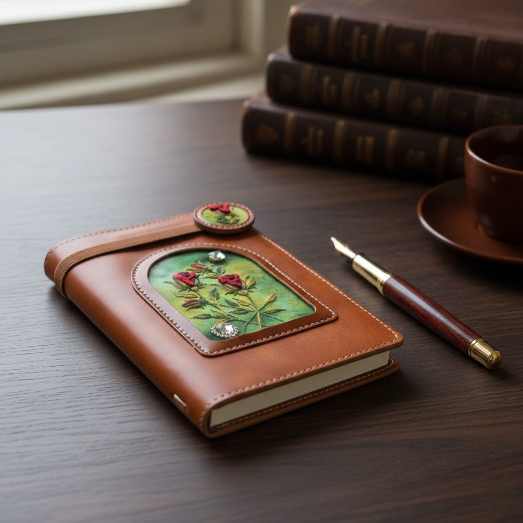 Embroidery Rose Floral Notebook - Vintage Style Journal for Writing & Sketching