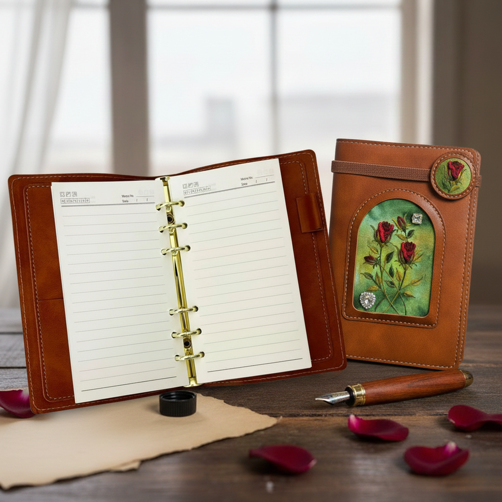 Embroidery Rose Floral Notebook - Vintage Style Journal for Writing & Sketching