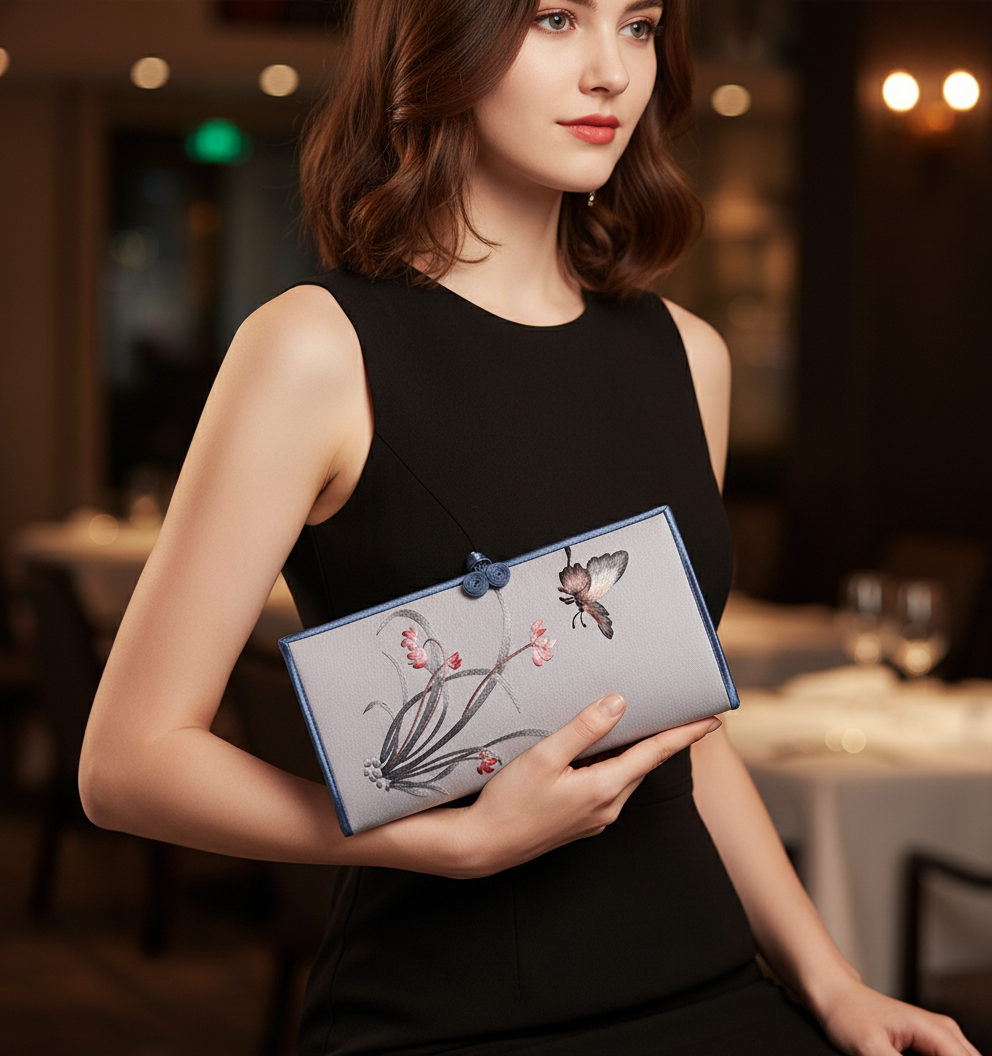 Elegant Embroidered Floral Clutch - Intricate Handmade Evening Bag