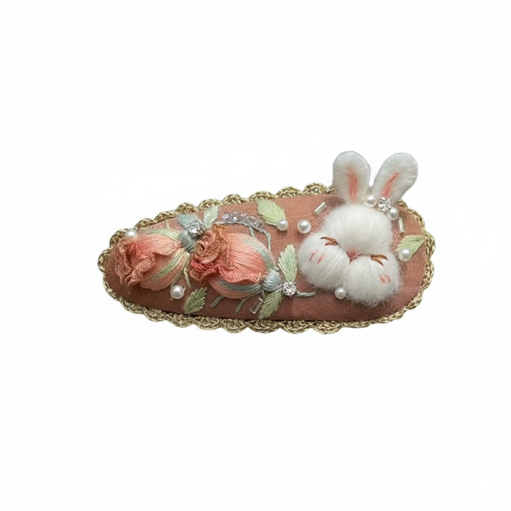 Cute handmade rose and rabbit hair clip crafted purely by hand